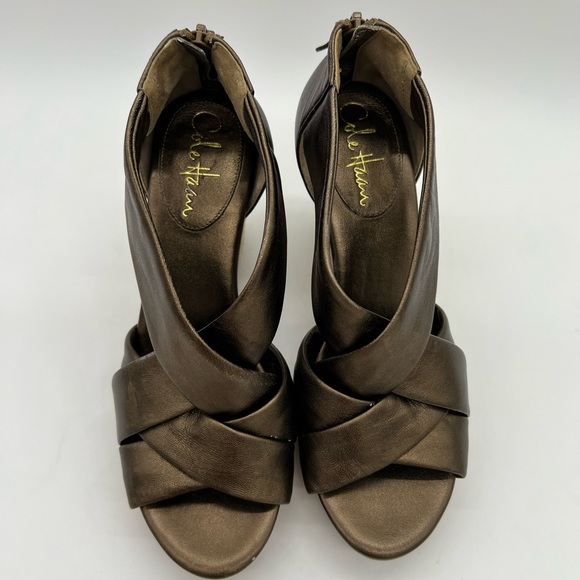 Cole Haan Wedge Sandals Metallic Bronze Leather Cork 7B Comfortable Shoes - Picture 4 of 16
